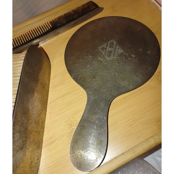 Antique Arts Crafts Lebolt 925 Sterling Hammered Silver Vanity Set Mirror Brush - Picture 4 of 16